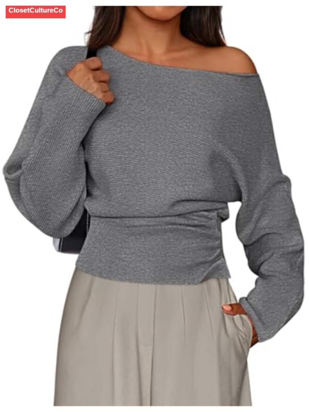 Off Shoulder Sweater Ribbed Knit Long Sleeve Pullover Fall Top